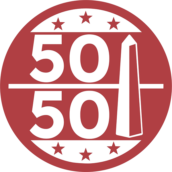 A circular logo featuring the numbers "50" at the top and bottom, separated by a horizontal line. An illustration of an obelisk is placed to the right of the numbers, with stars decorating the circular border.