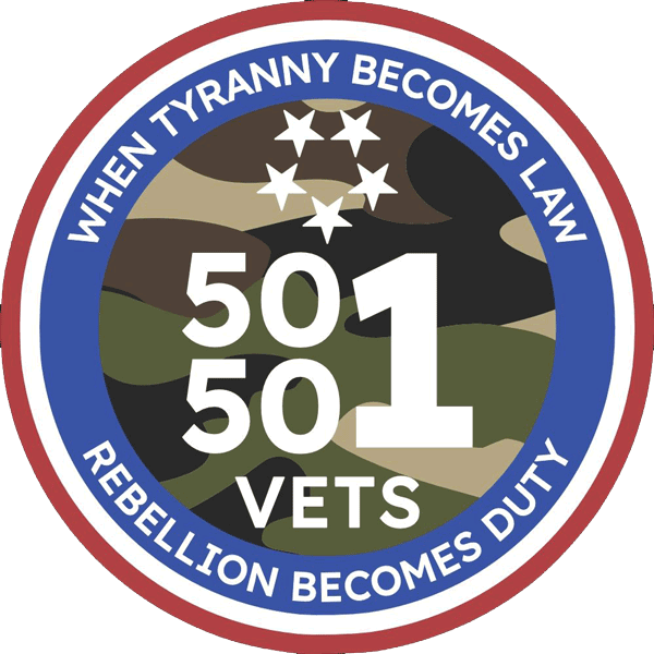A circular emblem with a camouflage background featuring the text '50501 VETS' in large white letters. Above and below are phrases, 'WHEN TYRANNY BECOMES LAW' and 'REBELLION BECOMES DUTY'. Five stars are arranged in an arc above the emblem.