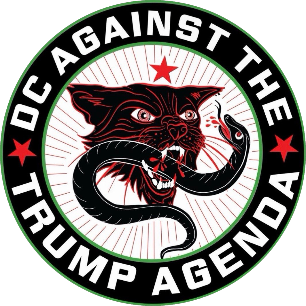 A circular logo featuring a cat's head with a snake in its mouth, surrounded by the text 'DC Against the Trump Agenda' and two red stars. The design uses bold colors and strong imagery.