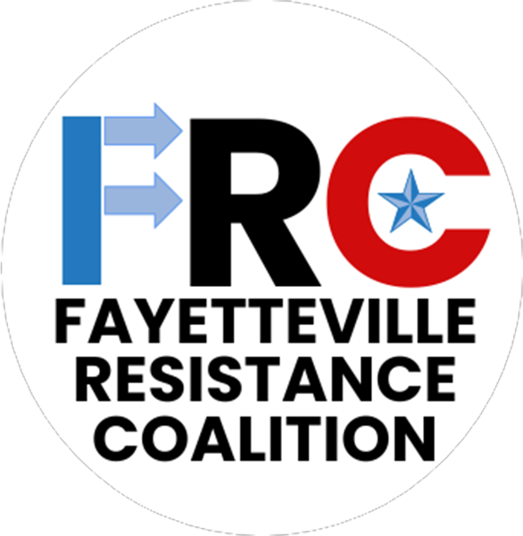 Logo of the Fayetteville Resistance Coalition featuring the letters 'FRC' in bold font. The 'F' is blue with arrows pointing to the right, the 'R' is black, and the 'C' is red with a star. The full name is displayed below in uppercase letters.