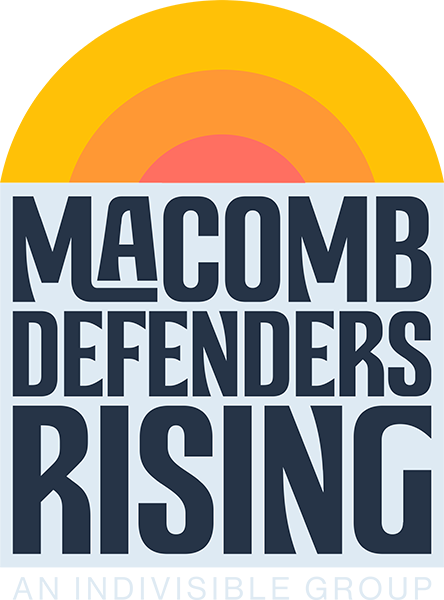 Logo featuring the words "Macomb Defenders Rising" in bold font, with circular graphic designs in warm colors above. The tagline "An Indivisible Group" is displayed below in a smaller font.