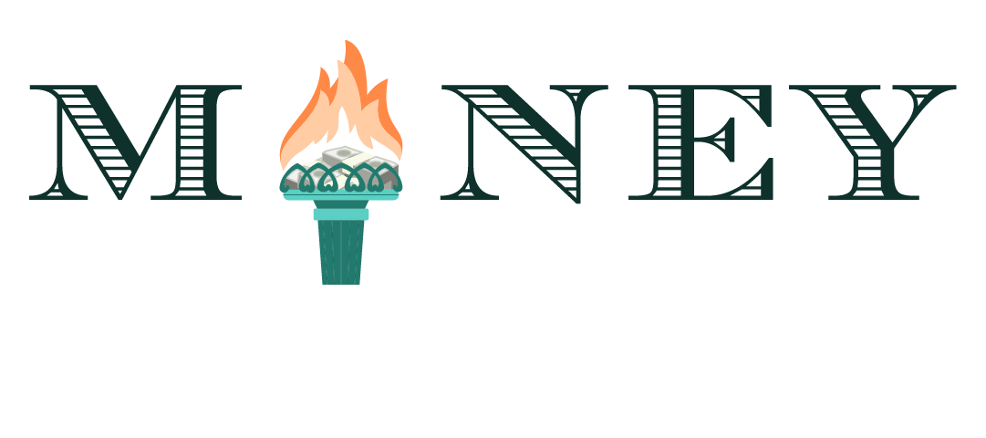 A logo featuring the word 'MONEY' with a flaming torch illustration, above the phrase 'OUT OF POLITICS' in bold white letters.