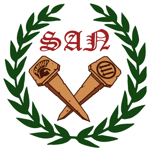A graphic logo featuring a laurel wreath surrounding two crossed wooden spikes. The word 'SAN' is displayed in red above the spikes, and one spike has 'SHARP' on it.