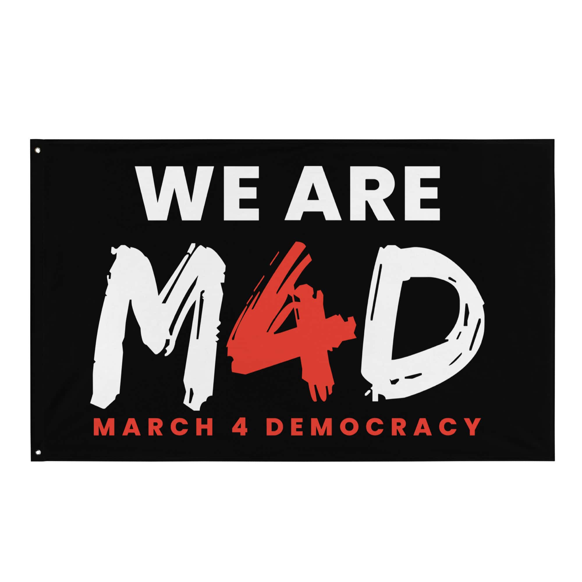 Vibrant March 4 Democracy rally banner advocating for democracy and voting rights.