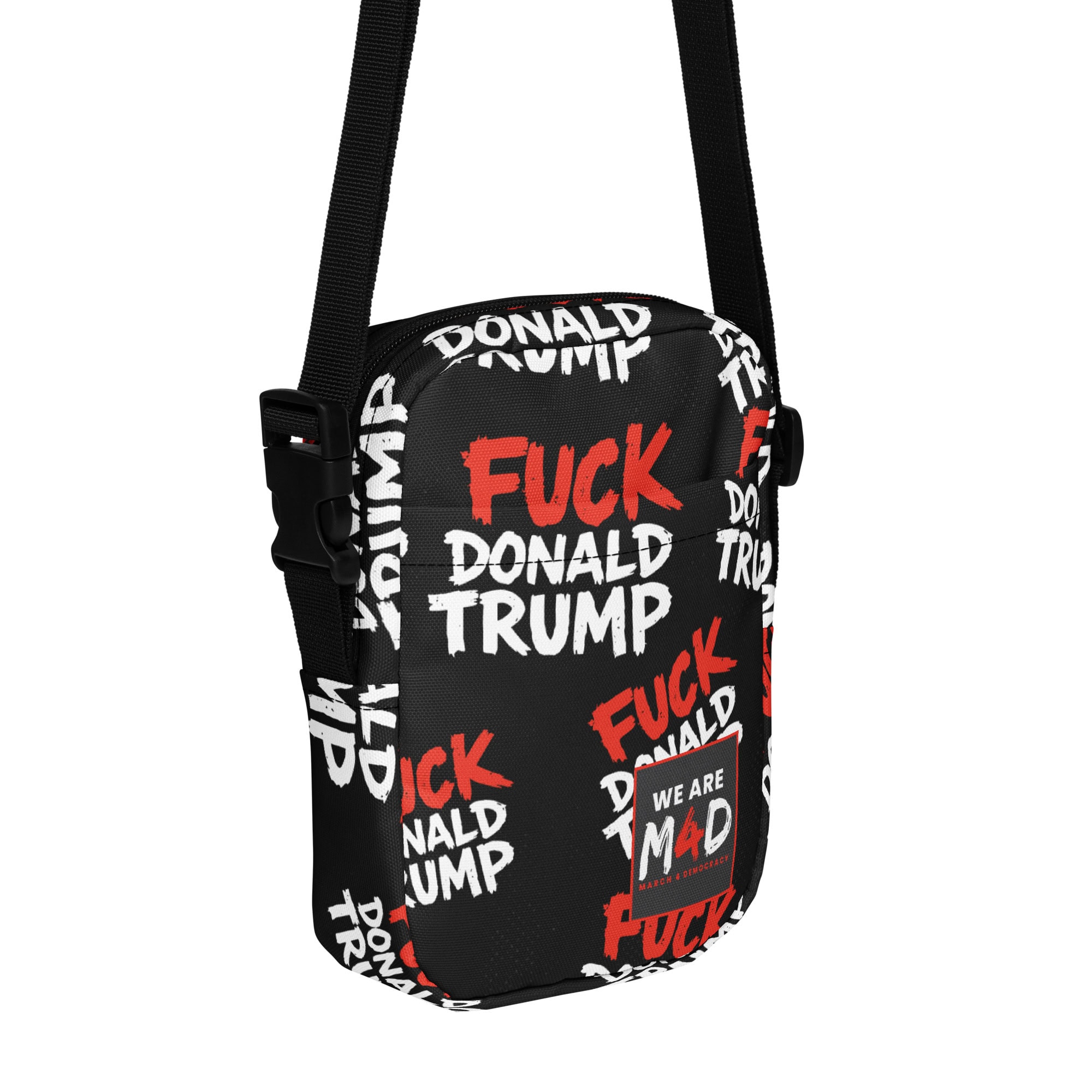 Anti-Trump protest bag with "F*** Trump" slogan, supporting March 4 Democracy movement.