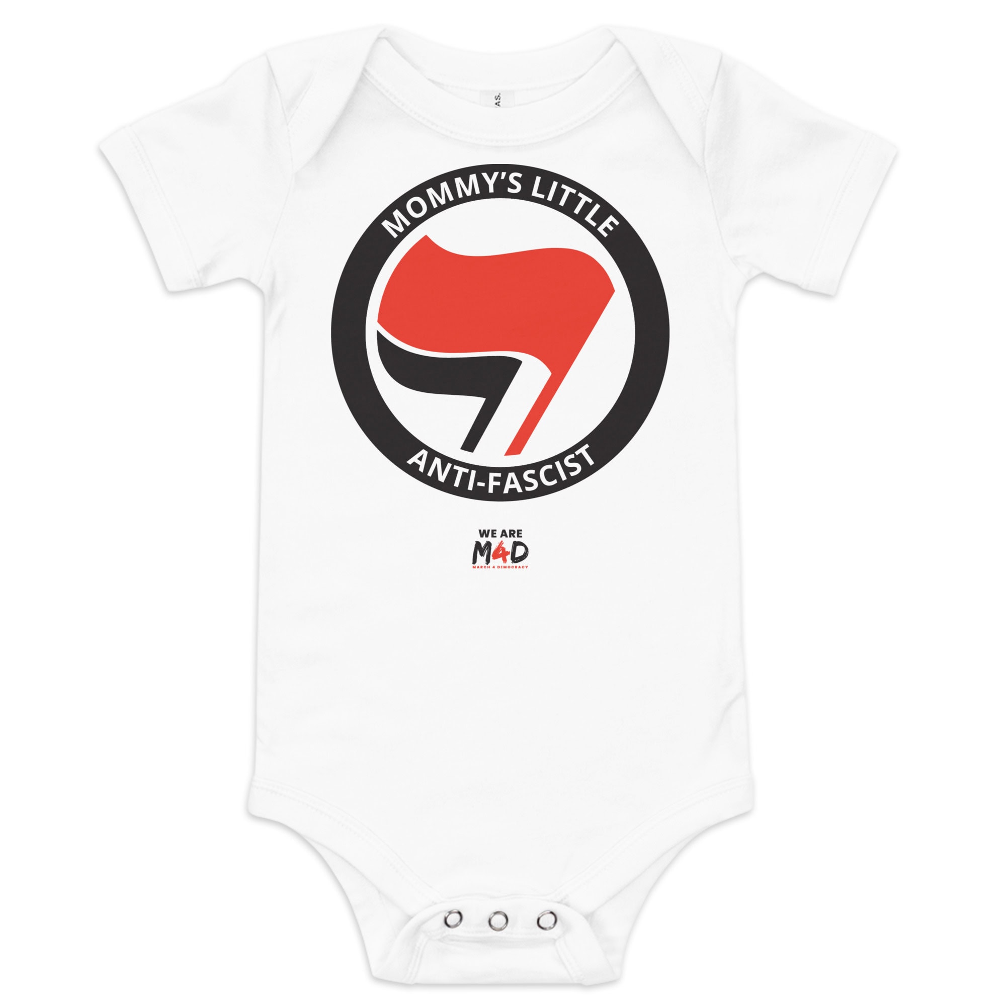 Flag icon with "Mommy's Little Anti-Fascist" slogan promoting March 4 Democracy movement.