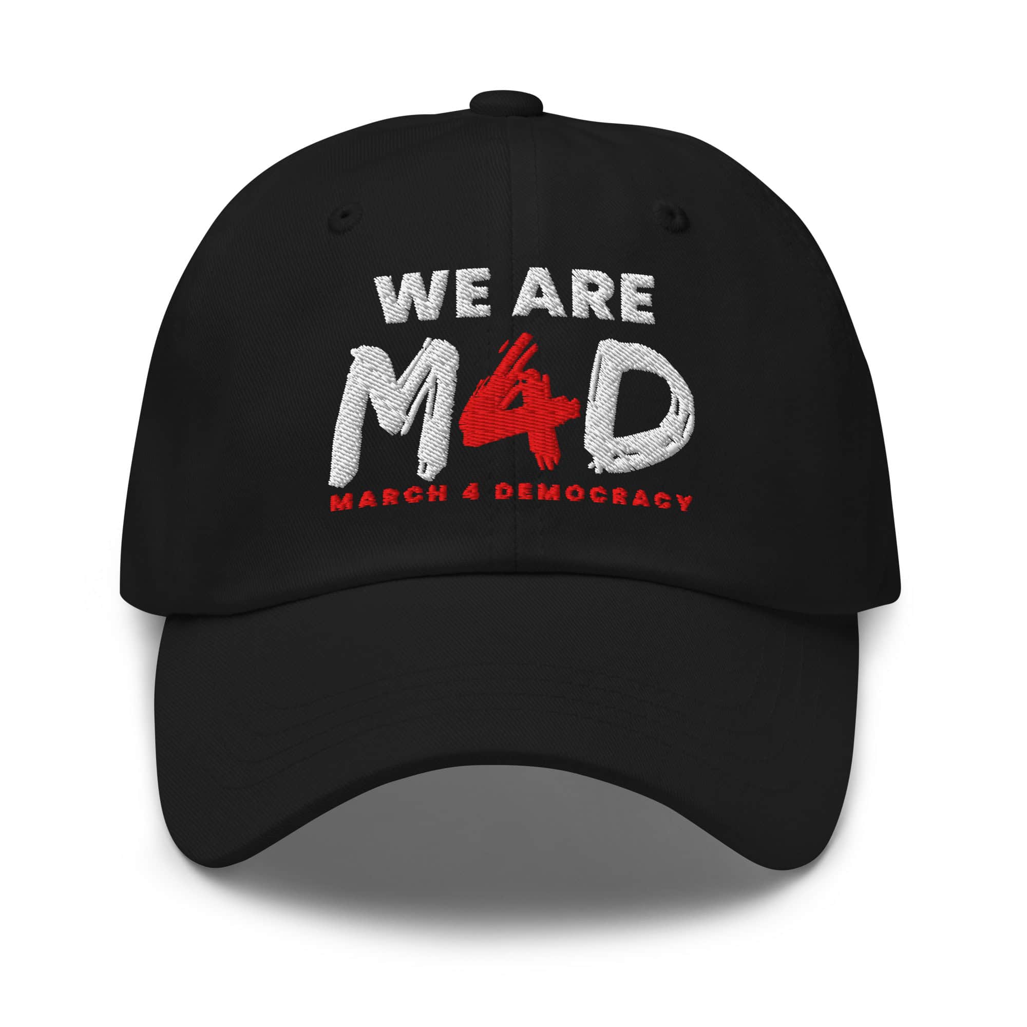 M4D March 4 Democracy black cap with embroidered logo for voting rights activism.