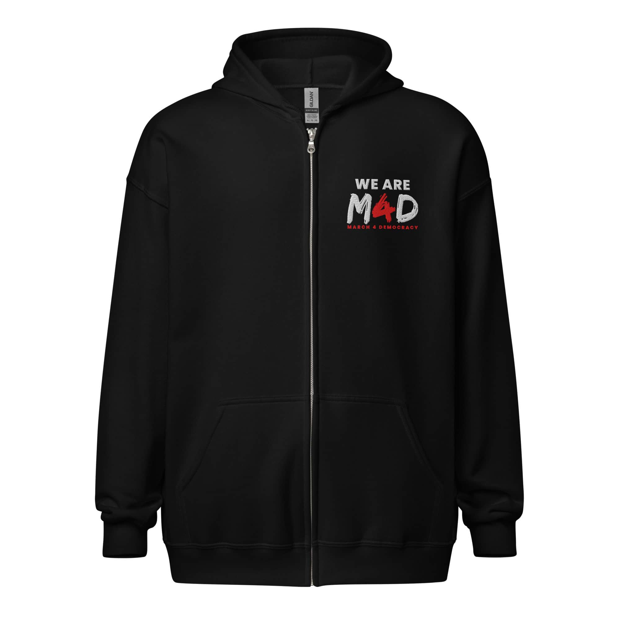 Protest hoodie with "We Are M4D March 4 Democracy" logo, supporting democratic activism.