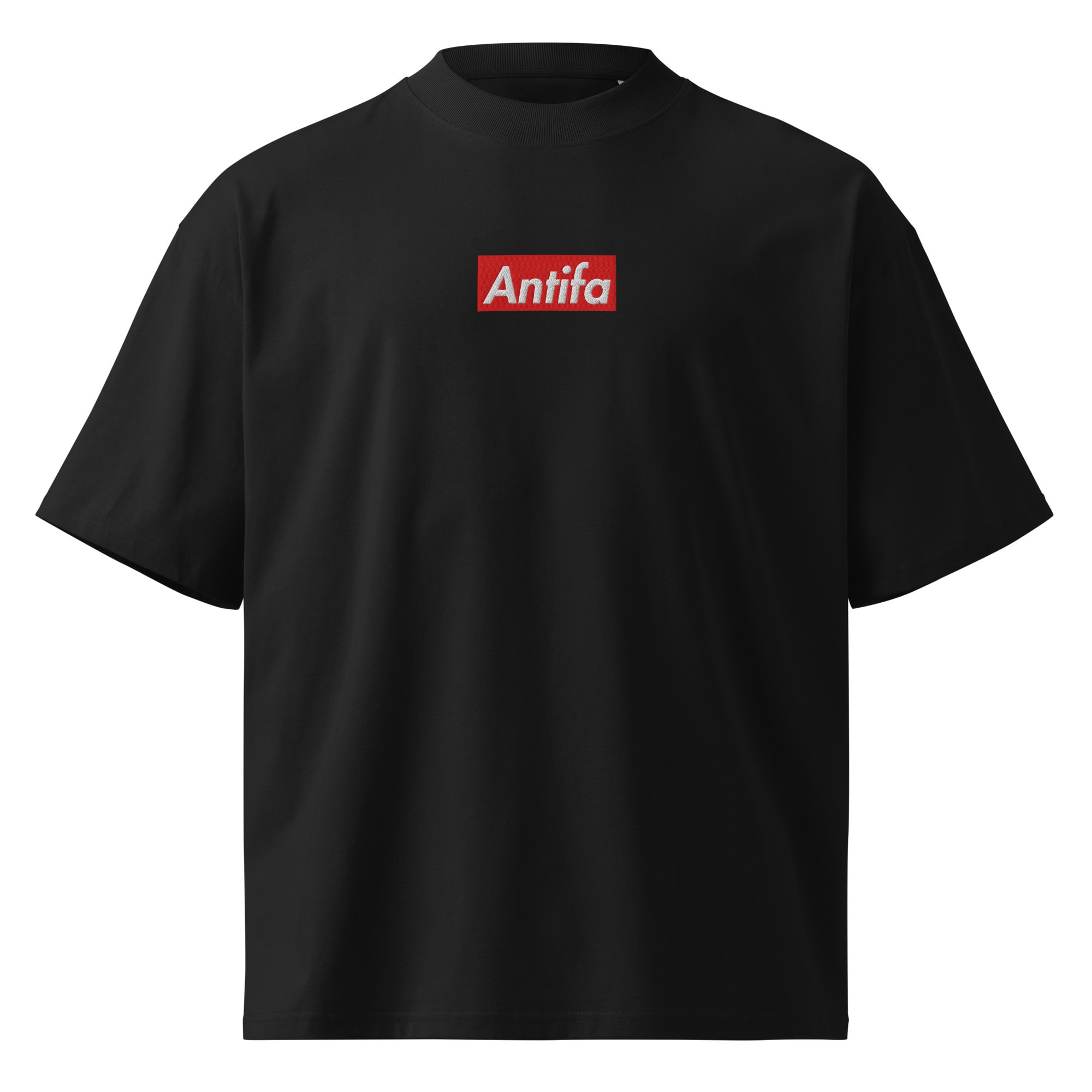 Antifa shirt with bold "Antifa" logo, political activism apparel for democracy supporters.