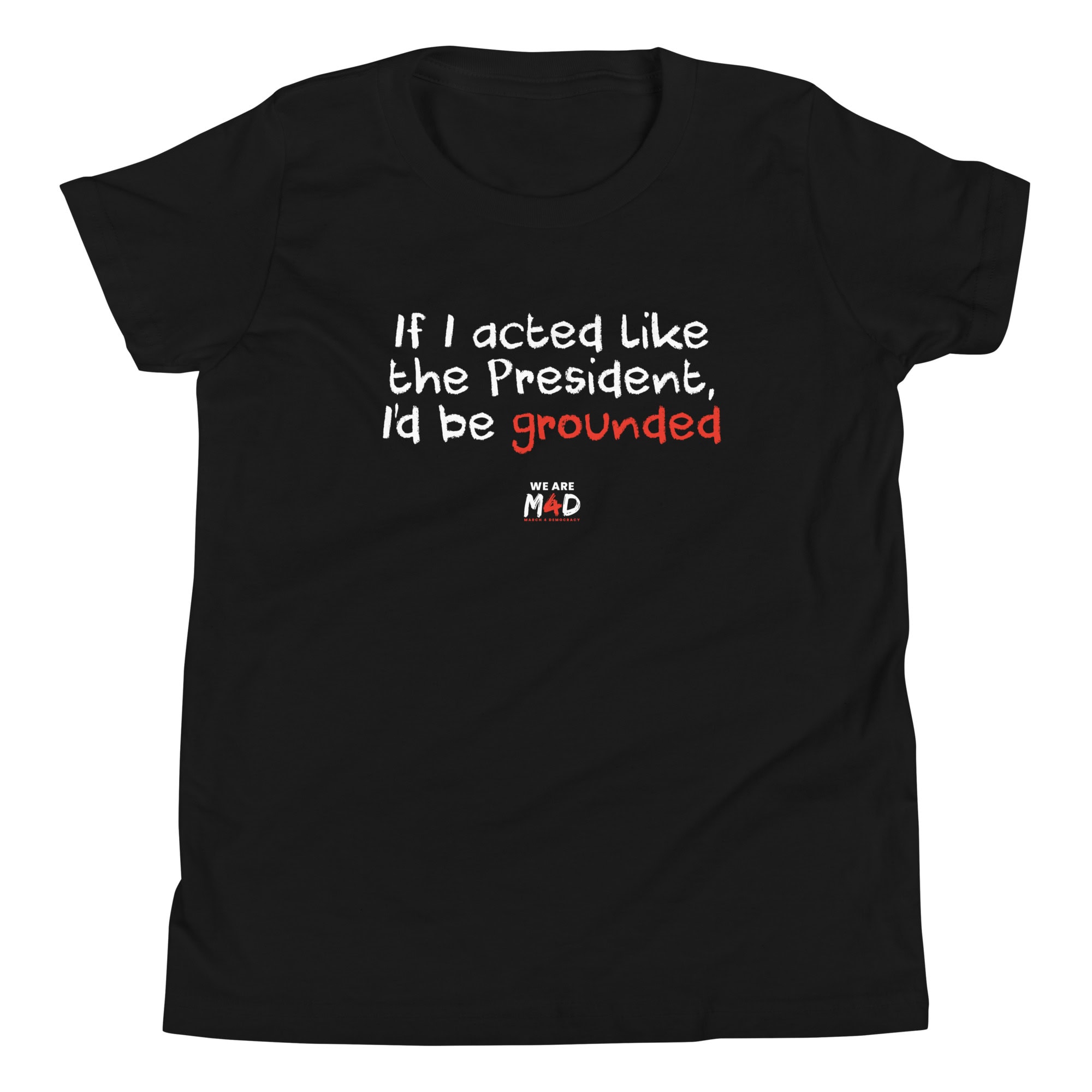 - Protest T-shirt with "If I acted like the President, I'd be grounded" message, supporting March 4 Democracy.