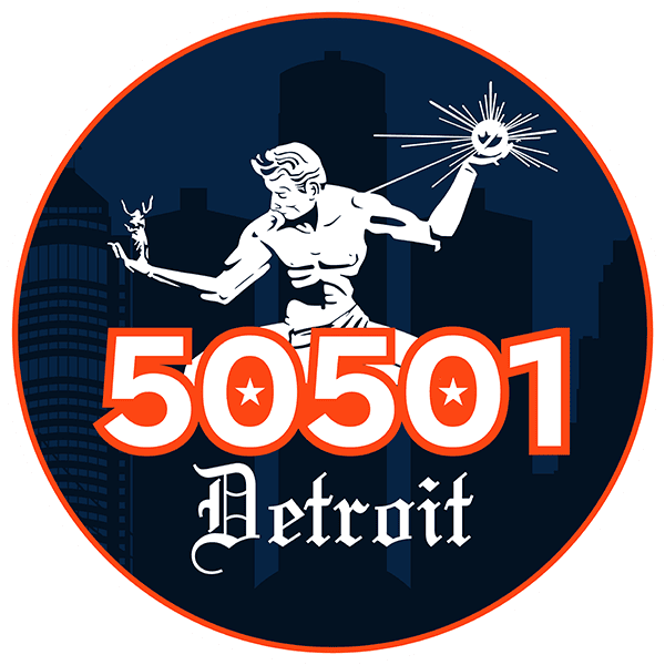 March 4 Democracy Detroit rally with March 50501 slogan and city skyline.