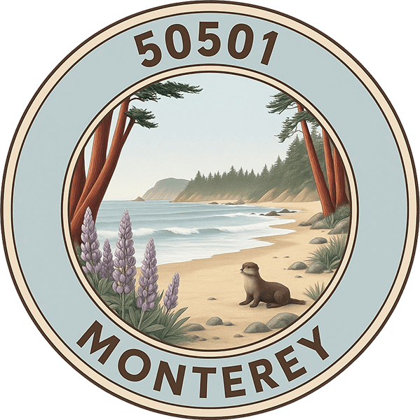 Aerial view of Monterey coastline with rugged cliffs, beach, and lush greenery, illustrating scenic California landscapes.