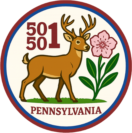 Deer with pink flower and "501" for Pennsylvania March for Democracy symbol.