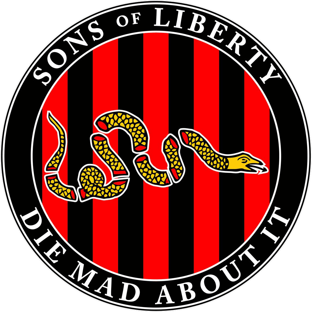Snake emblem with red and black stripes, Sons of Liberty logo, March 4 Democracy, political activism, liberty, freedom.