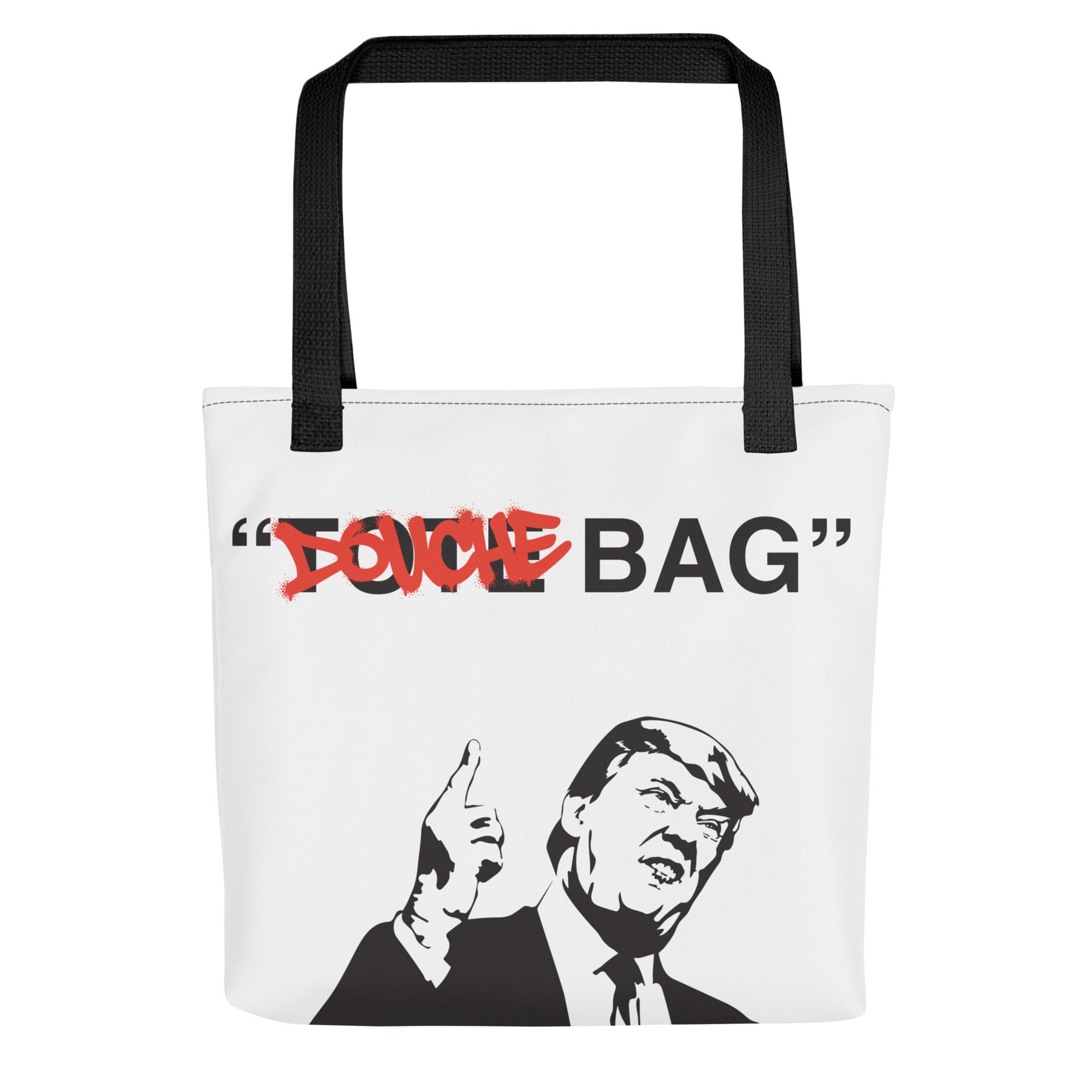 Fake quote "Duch" altered to "Douche" on protest bag featuring political activism imagery.