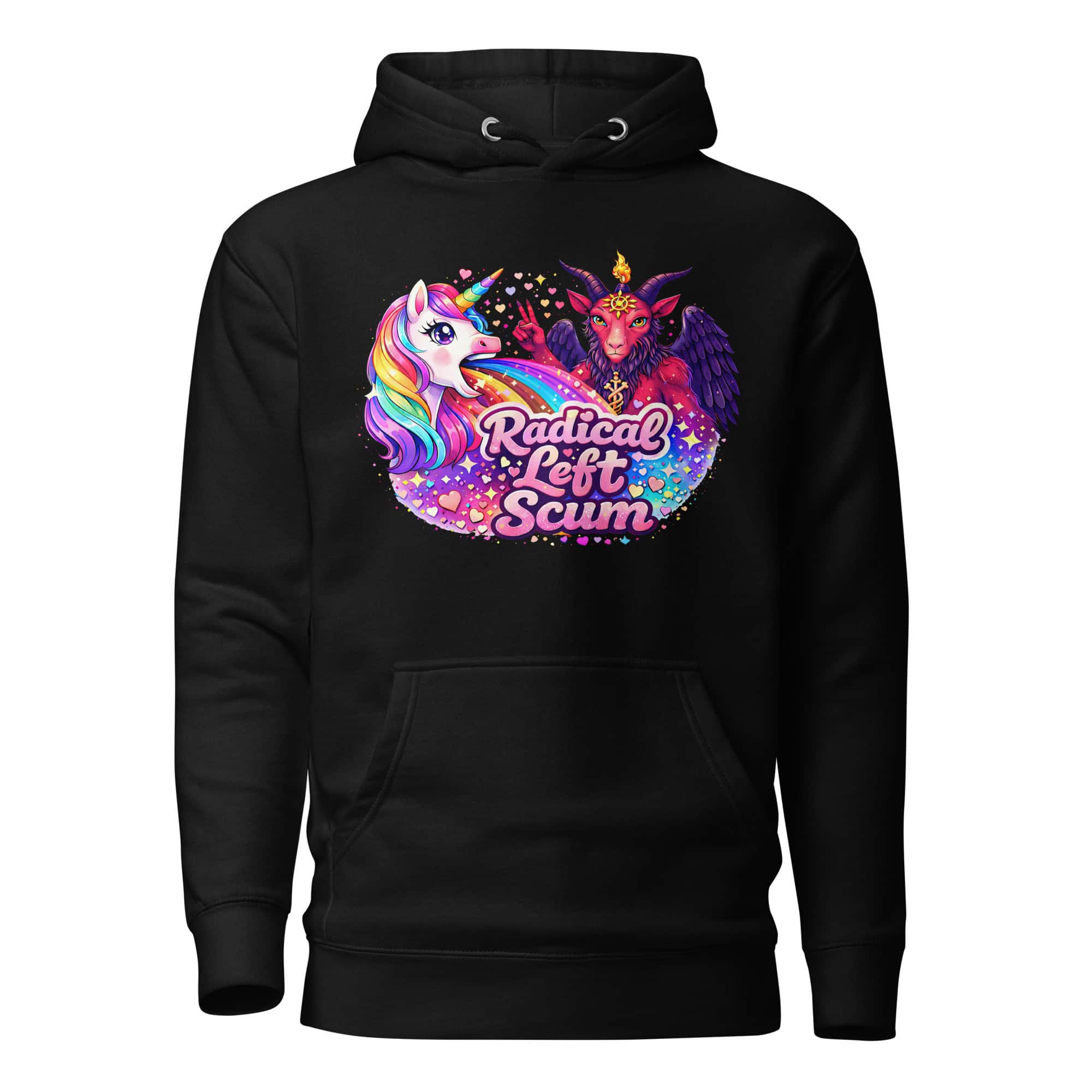 Unicorn and demon cartoon with "Radical Left Scum" text on black hoodie, colorful and bold design.