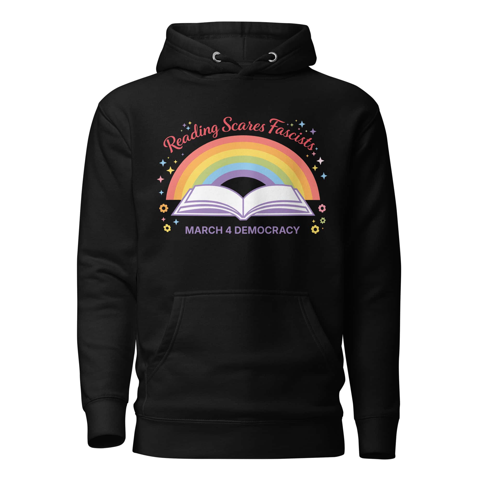 Reading Scares Fascists hoodie with rainbow and open book design.