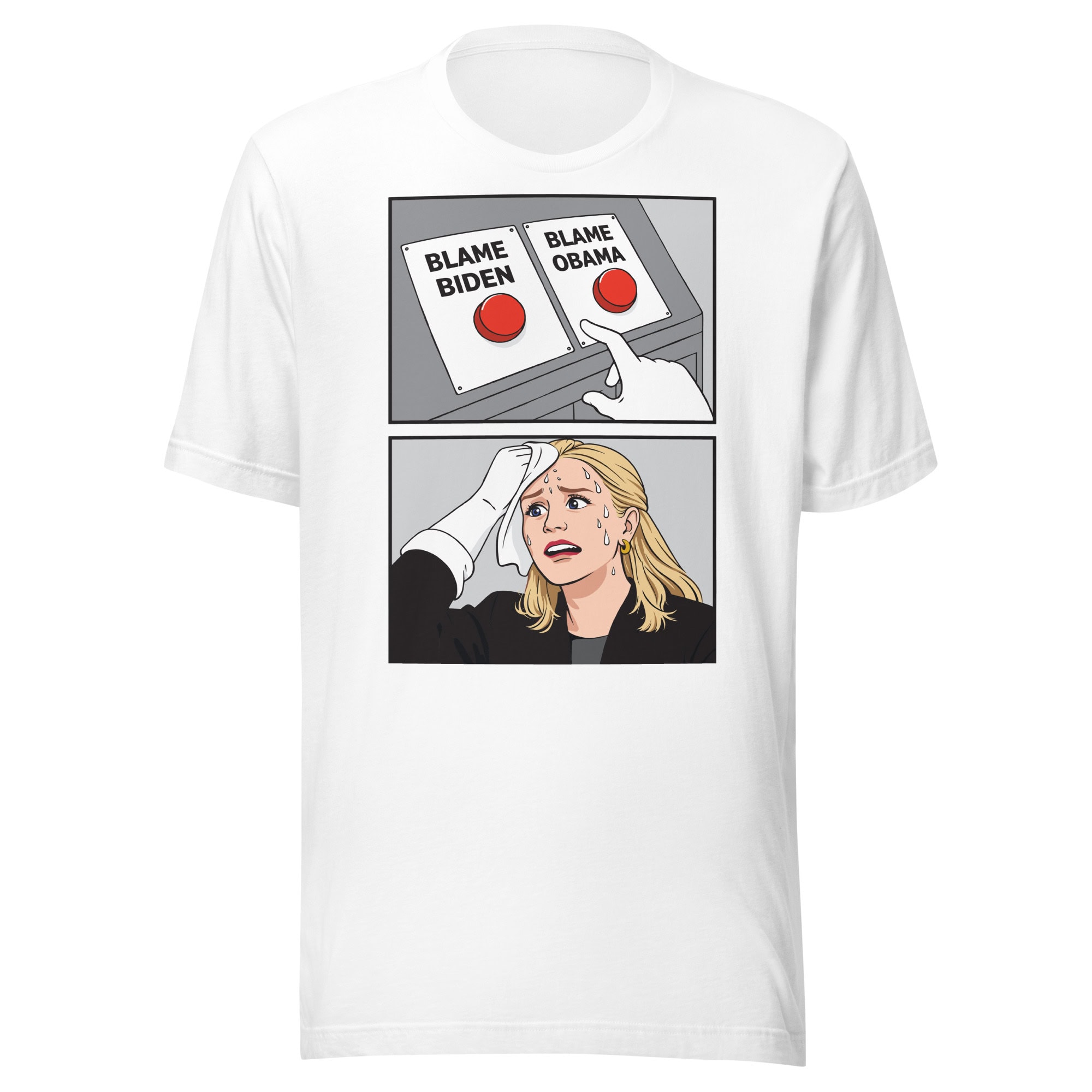 Red button with "Blame Biden" and "Blame Obama" labels, illustrated comic style.