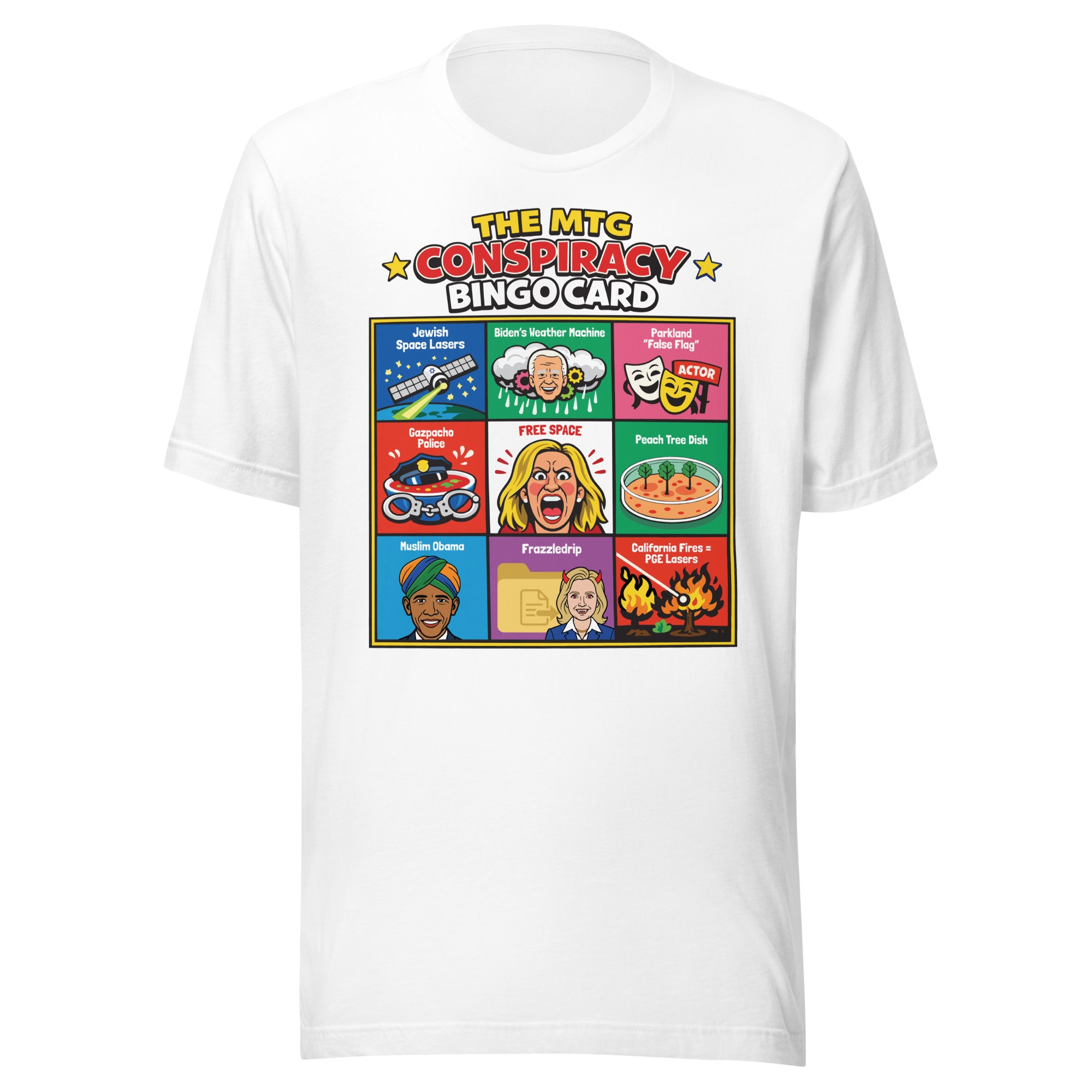 1. Conspiracy bingo card T-shirt promoting March 4 Democracy protests and civic engagement.