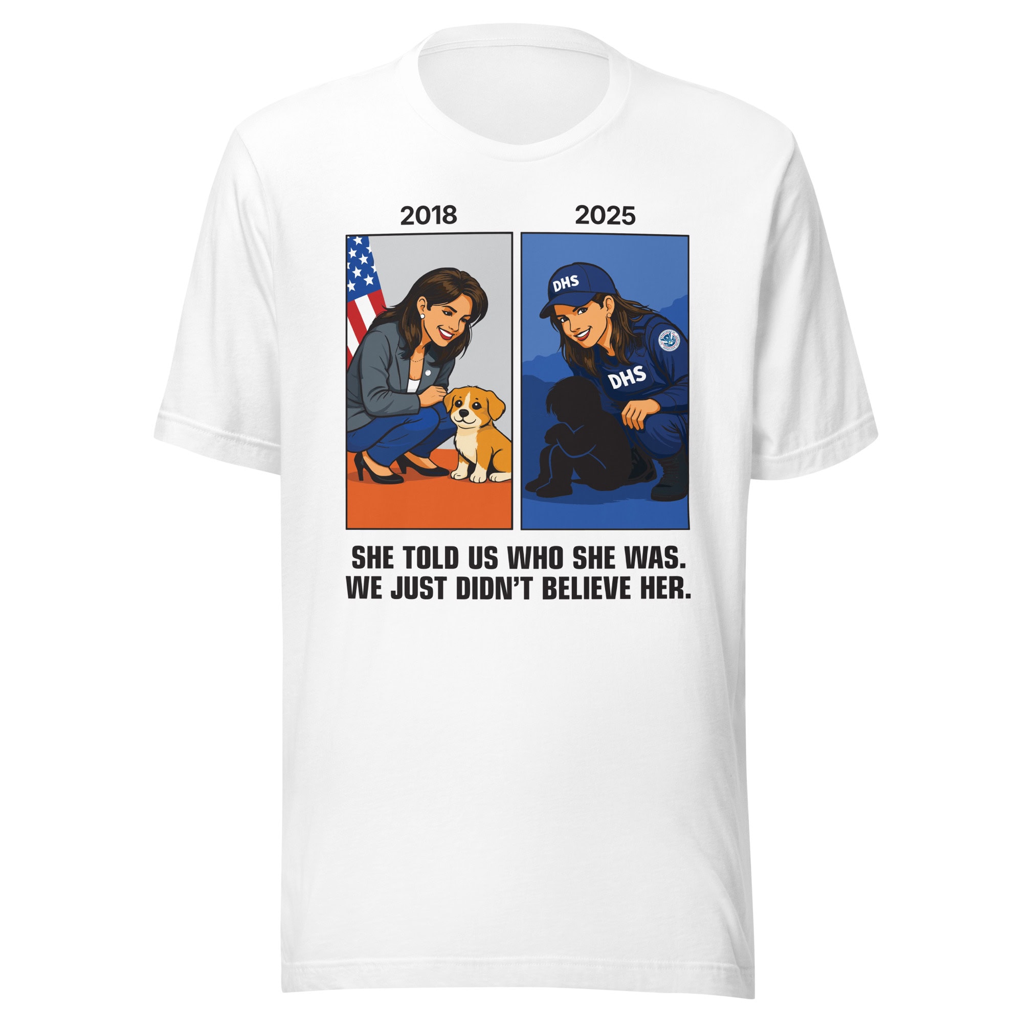 1. Woman with dog in patriotic campaign shirt celebrating democracy and change.