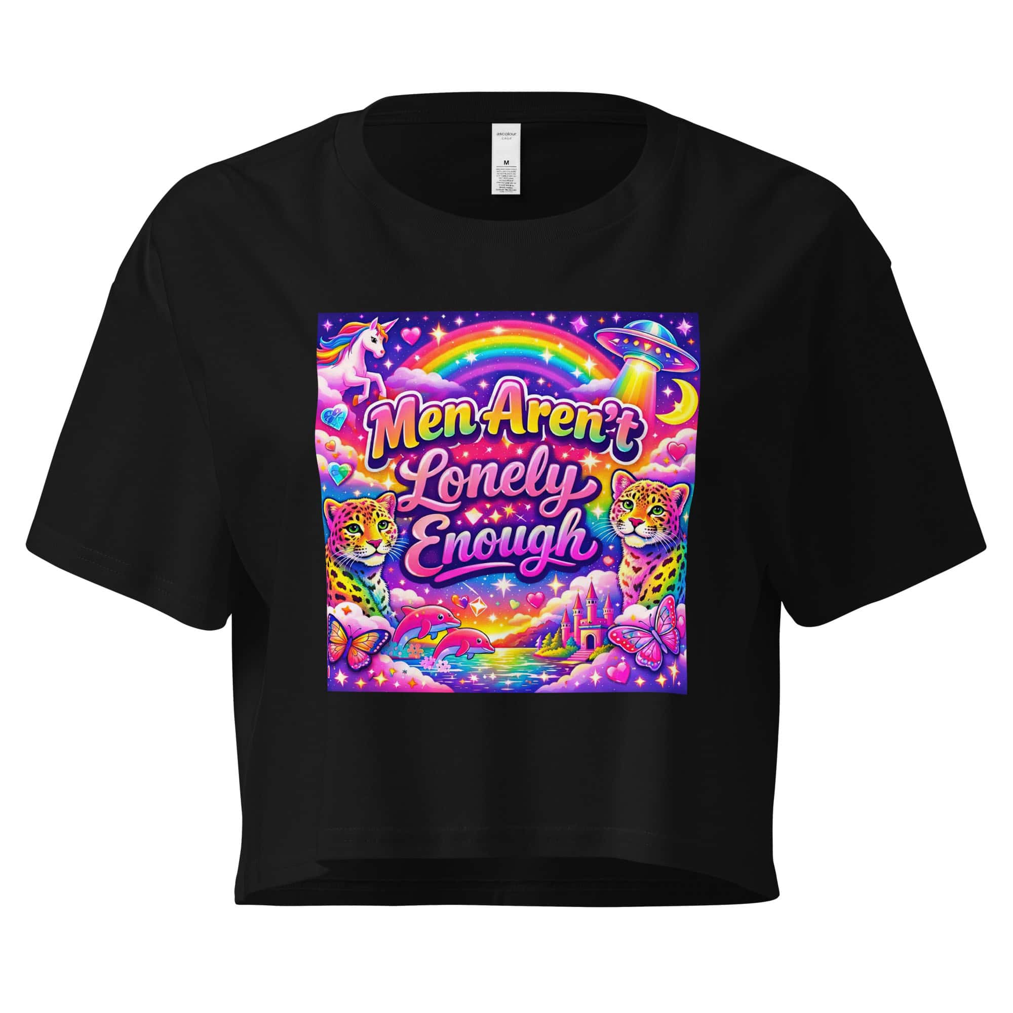 Unicorn, rainbow, and leopard design with the phrase "Men Aren't Lonely Enough" on a black T-shirt.