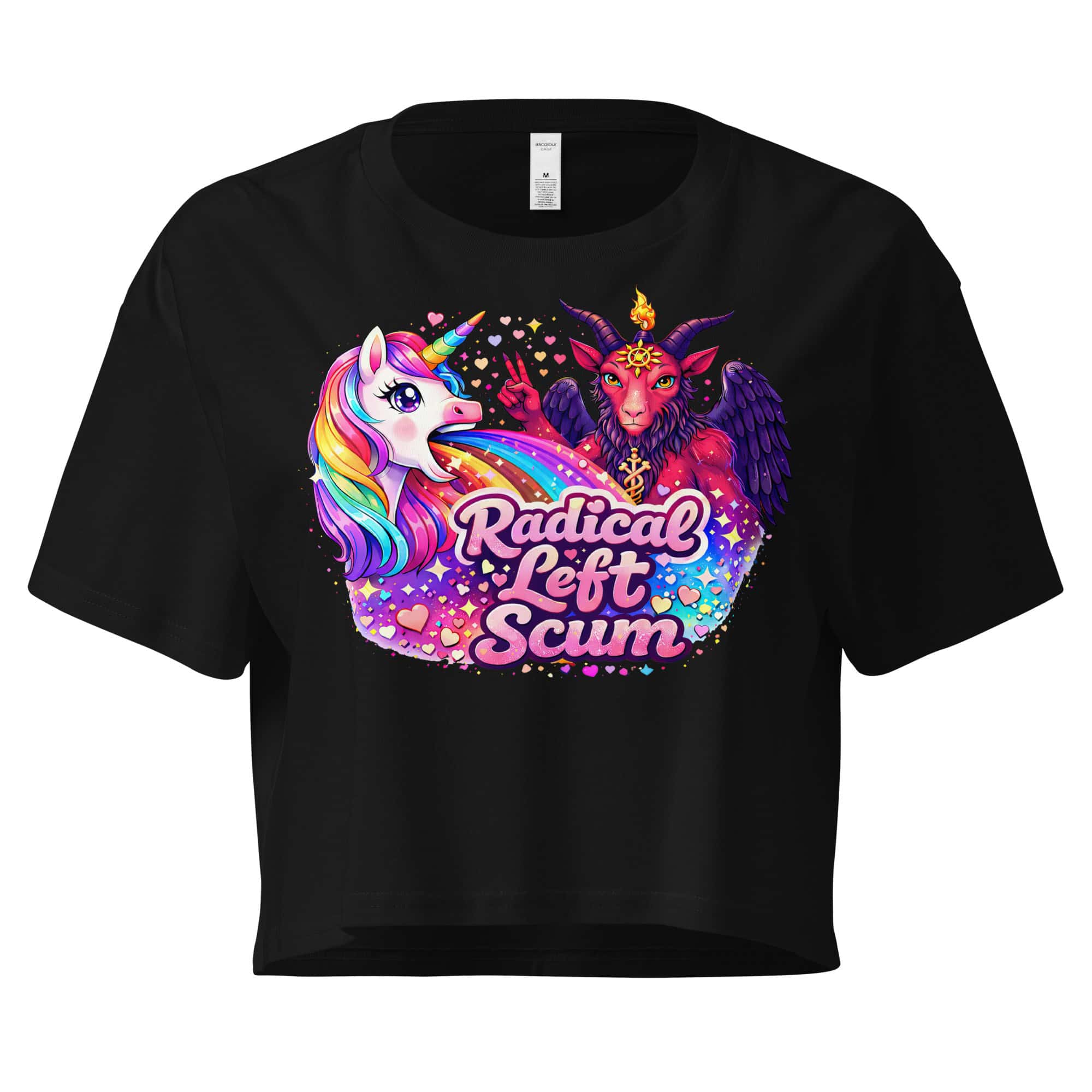 Unicorn and devil with rainbow stream, "Radical Left Scum" text, colorful design, satirical illustration.