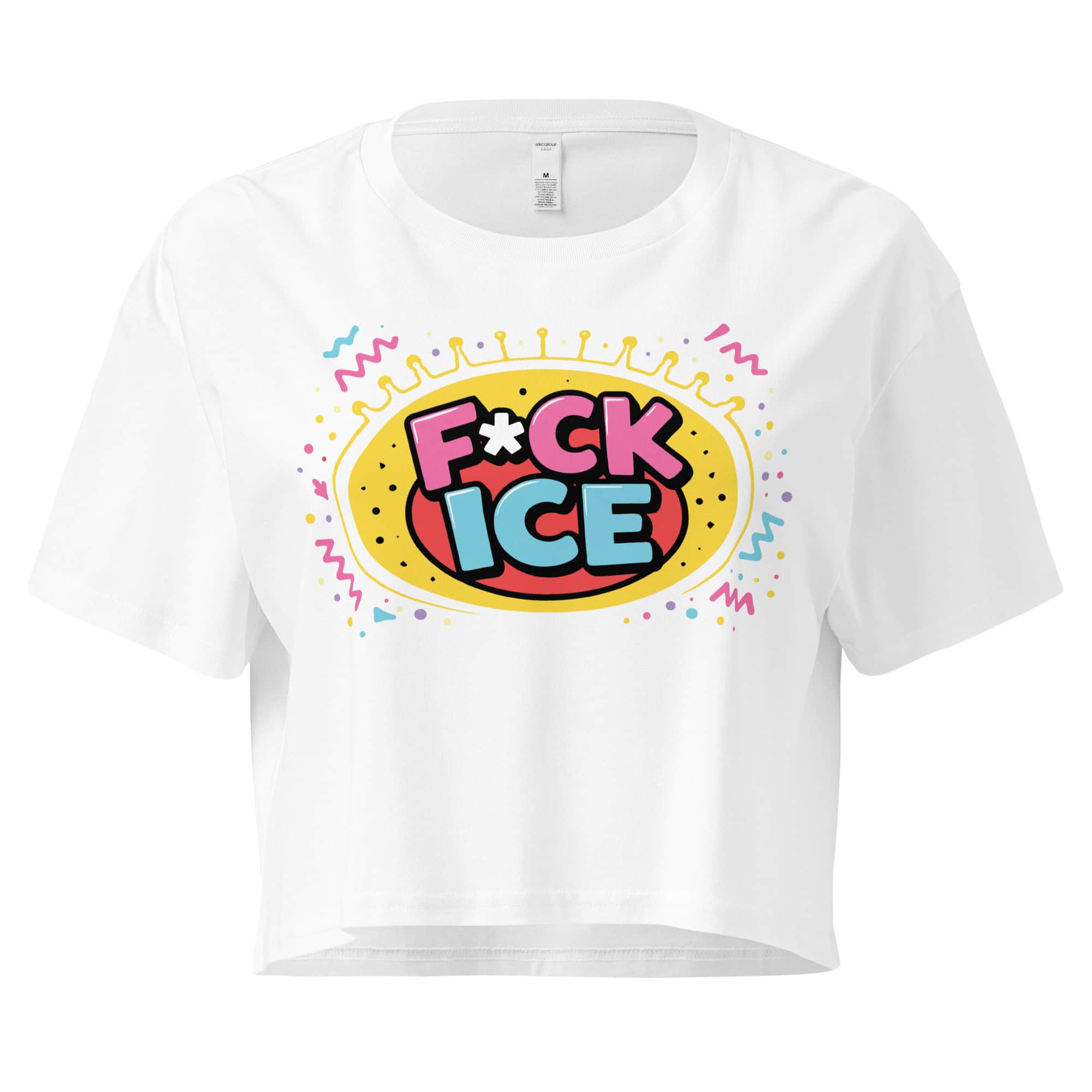 Fear of ice sculpture with colorful abstract design and bold text "F*CK ICE" on white t-shirt.