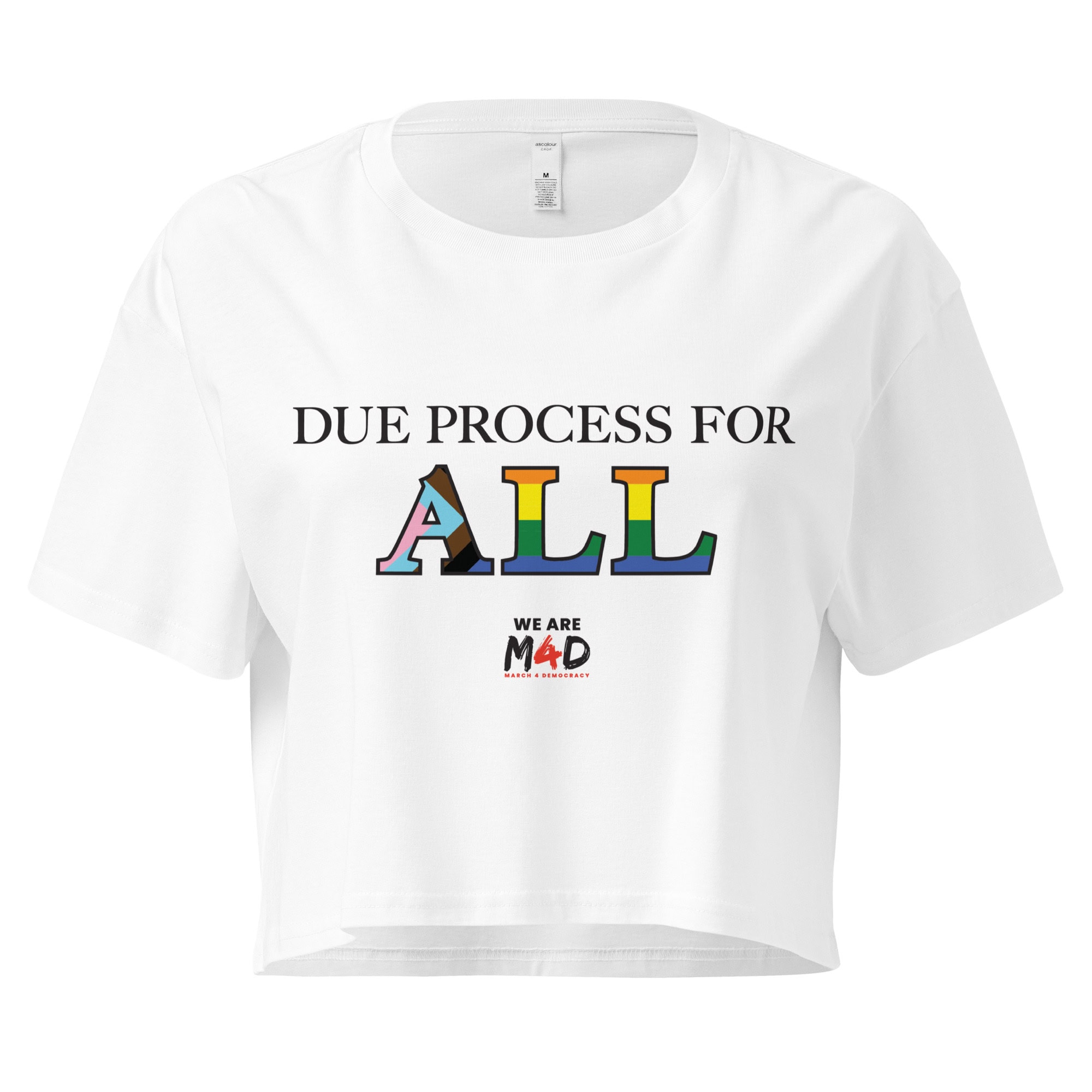 Rainbow pride flag "ALL" text on white shirt celebrating diversity and equality at March 4 Democracy event.