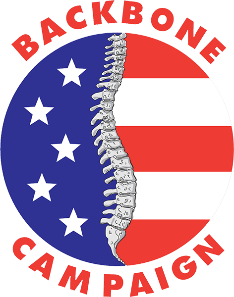 Backbone Campaign logo with American flag and spine illustration, promoting democracy and activism.