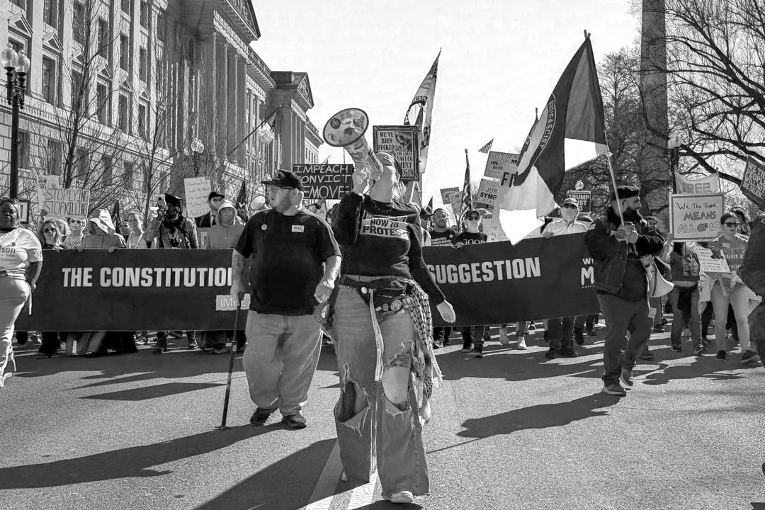Protest march for democracy with banners and flags on a city street.