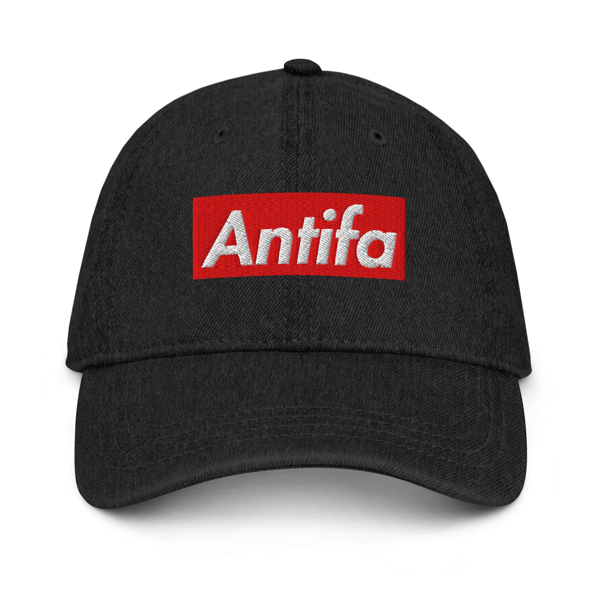 Antifa denim hat with red and white embroidered logo for protest and activism.
