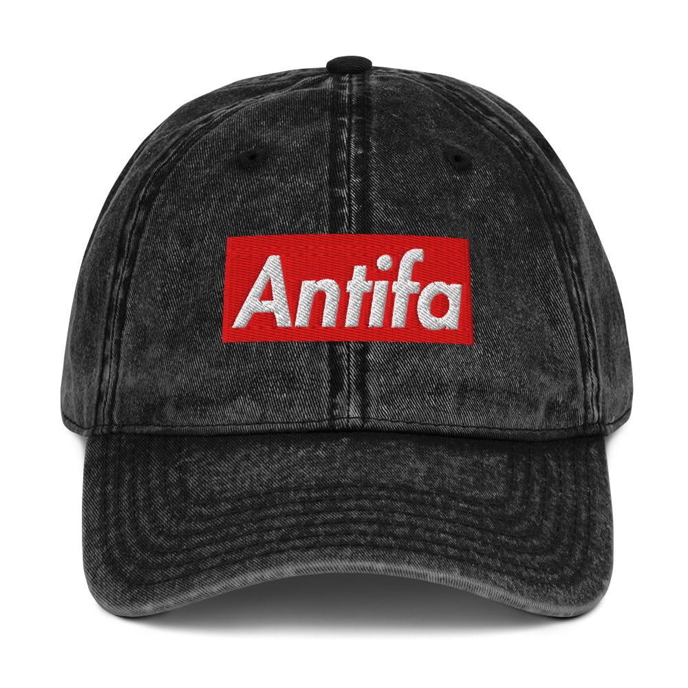 Antifa vintage cotton twill cap with red and white logo for activism and protest support.