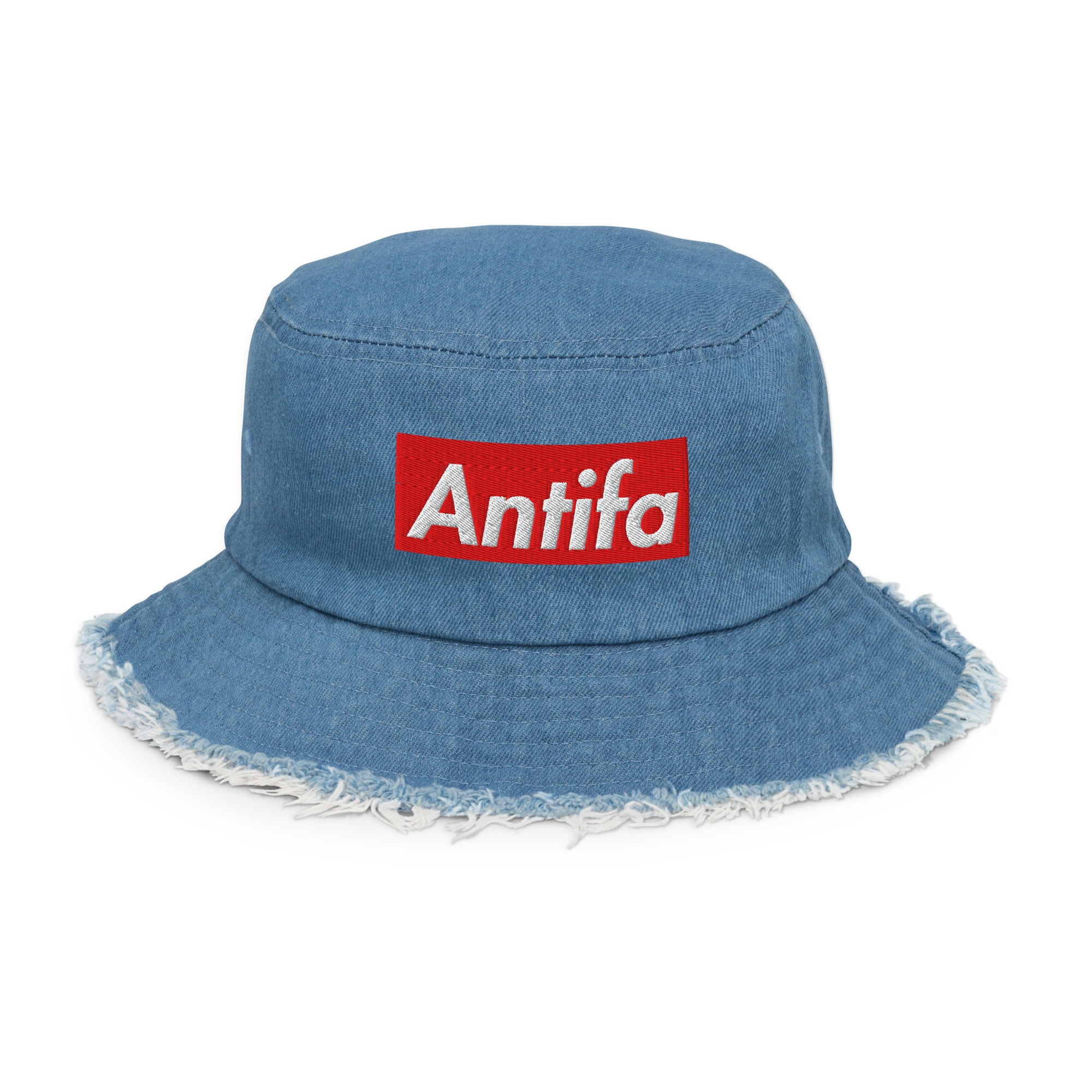 Denim bucket hat with 'Antifa' patch for March 4 Democracy event.