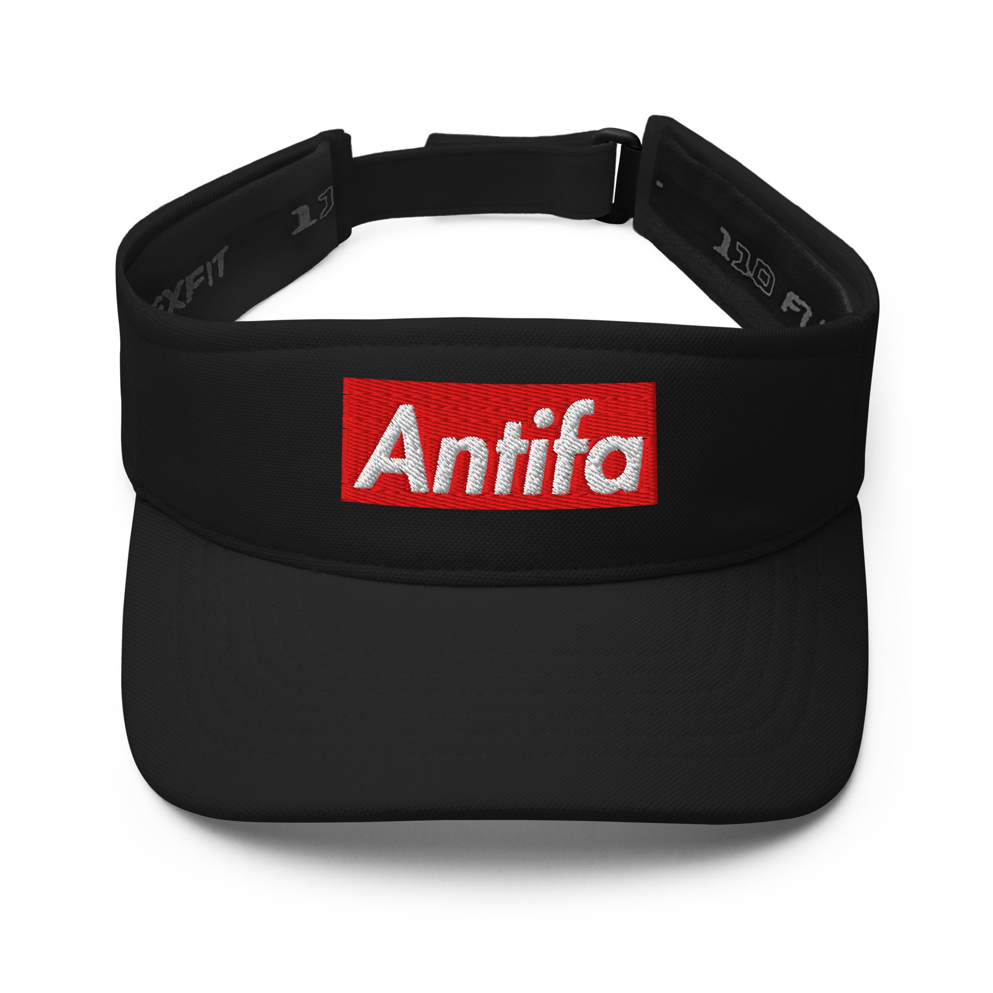 Black visor with red and white 'Antifa' logo for activism and protests.